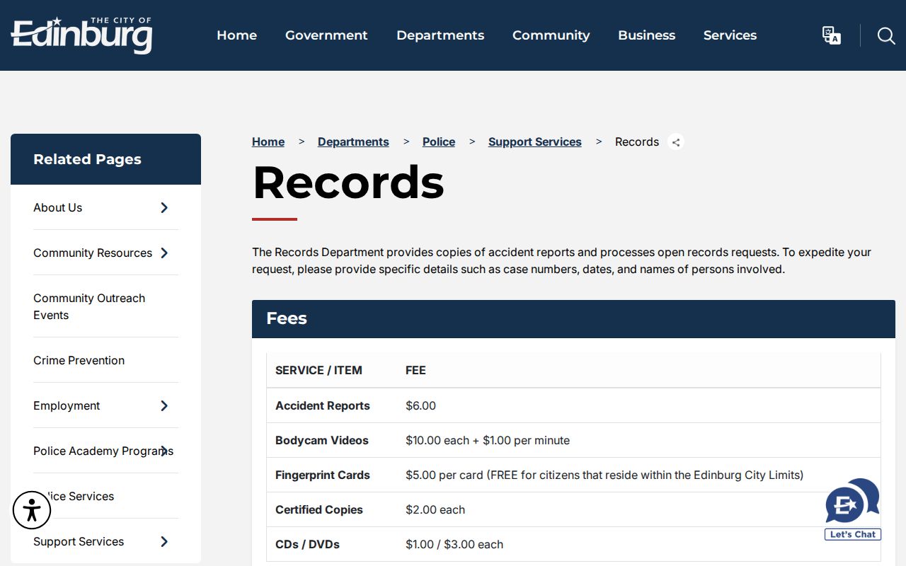 Edinburg Police Department Records page with local request information