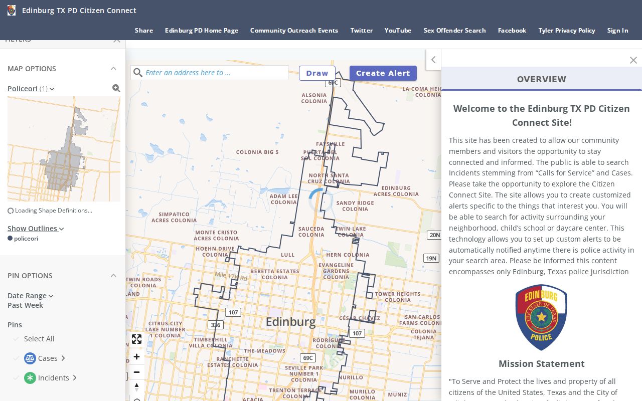 Edinburg Police Citizen Connect transparency map and incident interface