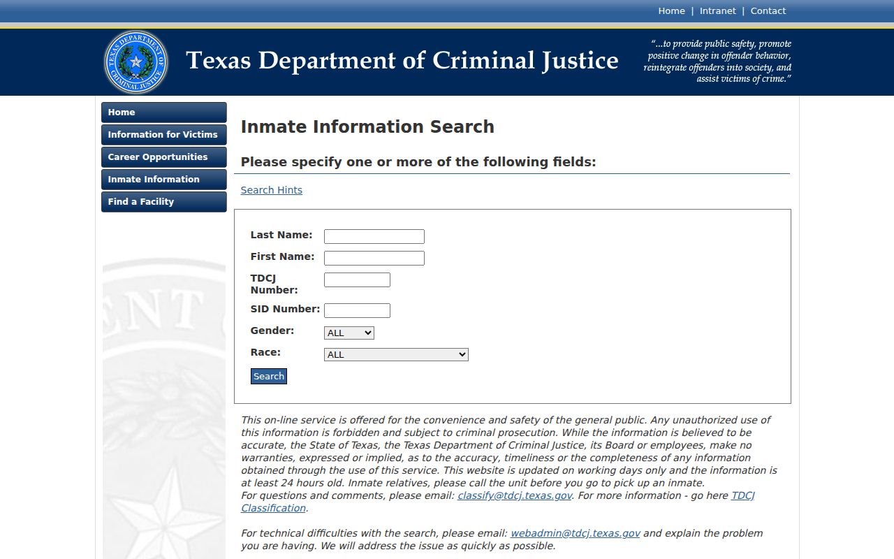 TDCJ inmate search for Hidalgo County criminal custody records