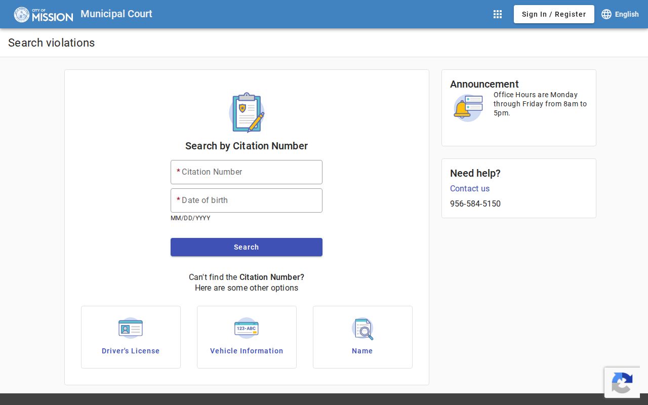 Official Mission Municipal Court citation search and payment interface