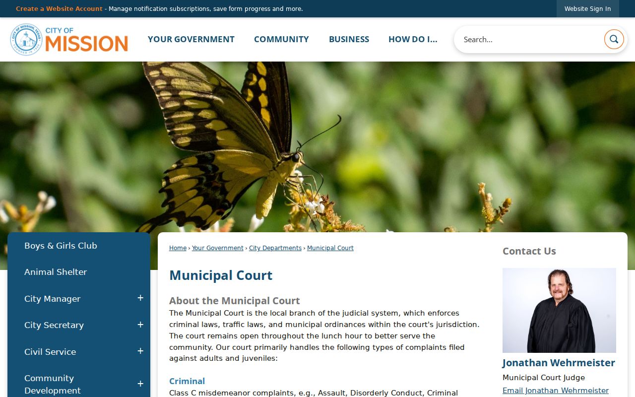 Mission Municipal Court official page with jurisdiction and contact information