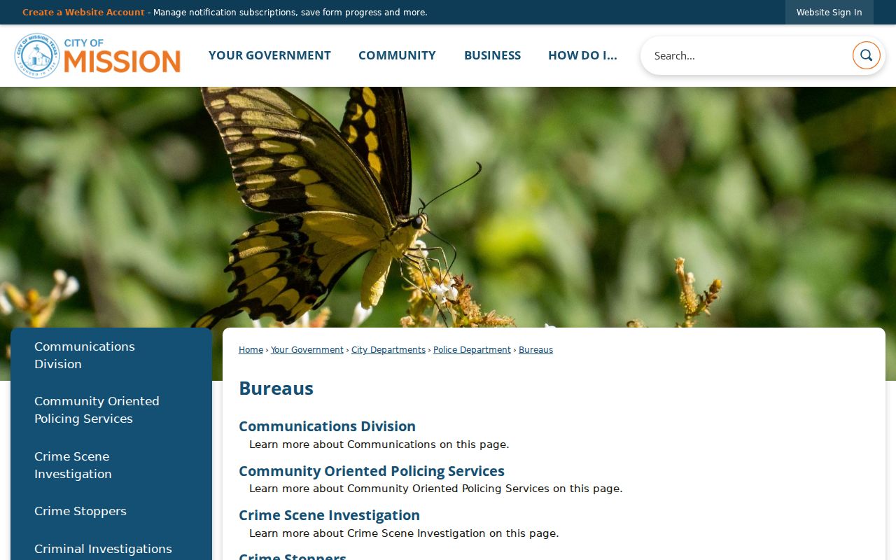 Mission Police Department bureaus page describing the 24-hour detention center
